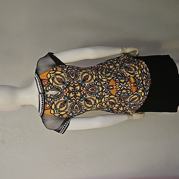 ECI Y2k Mesh Sleeve Psychedelic Mandala Goth Short Sleeve Blouse - Picture 7 of 10